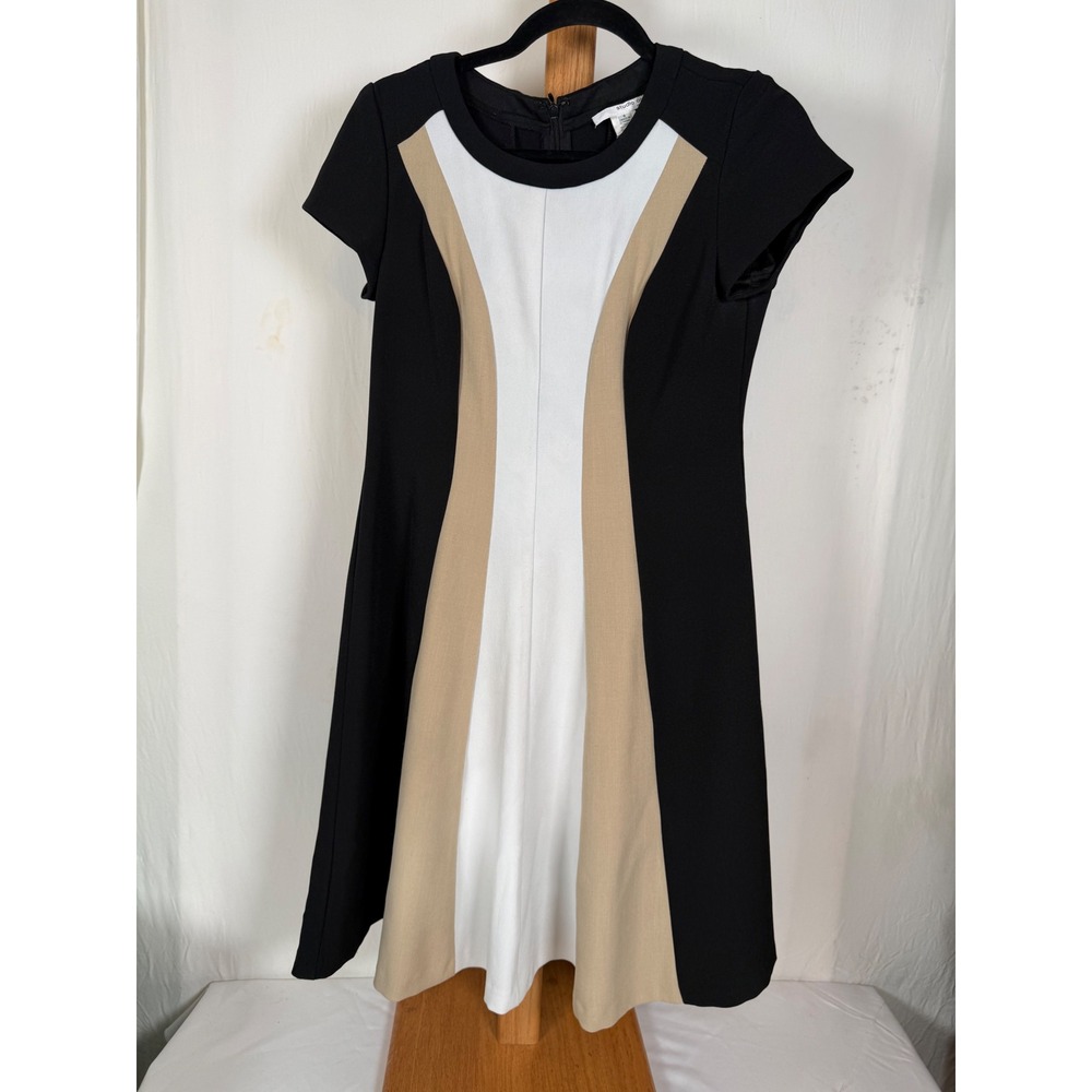 Studio One New York Womens Colorblock Fit and Flare Dress Black White Tan Size 6
